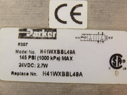 Parker H41WXBBL49A Pneumatic Air Single Solenoid 2-Position Valve 24VDC 145PSI
