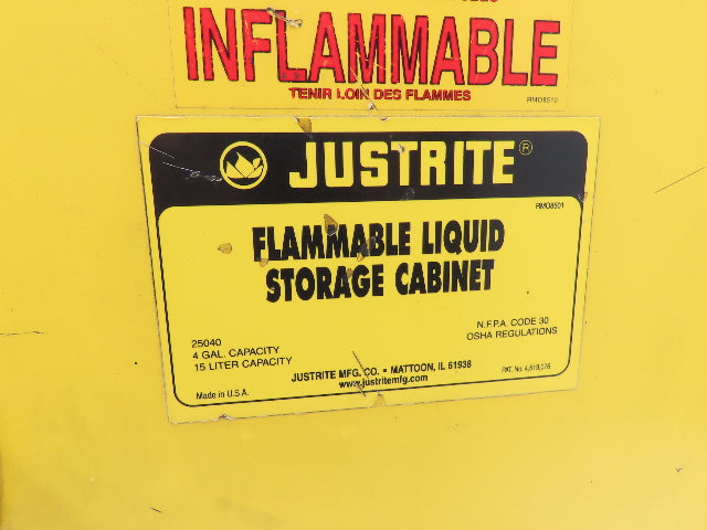 Justrite 25040 Yellow Flammable Cabinet 4 Gallon Capacity Single Shelf