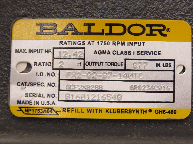 Baldor FX2-02-B7-140TC Parallel Speed Reducer 2:1 Ratio Multiplier 875rpm