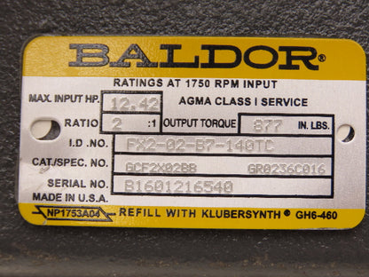 Baldor FX2-02-B7-140TC Parallel Speed Reducer 2:1 Ratio Multiplier 875rpm
