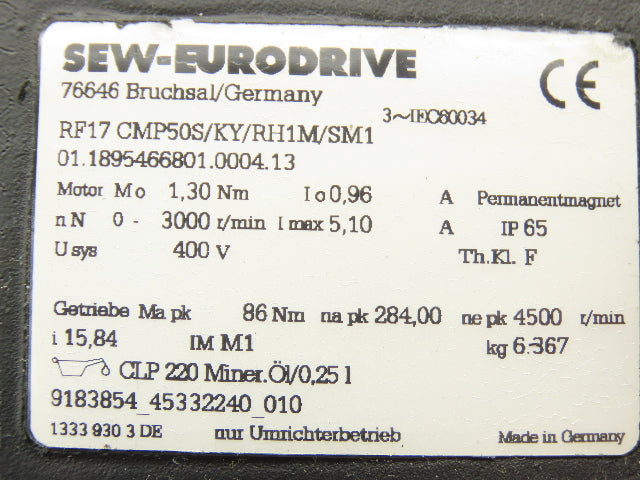 Sew Eurodrive RF17CMP50S/KY/RH1M/SM Servo Gearmotor 15.84:1 Inline Reducer 400V