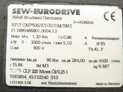 Sew Eurodrive RF17CMP50S/KY/RH1M/SM Servo Gearmotor 15.84:1 Inline Reducer 400V