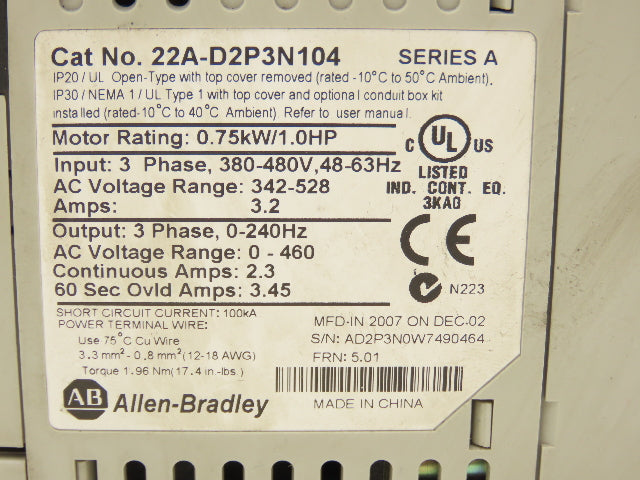 Allen Bradley 22A-D2P3N104 PowerFlex 4 VFD Variable Speed AC Drive 1Hp 460V 3PH