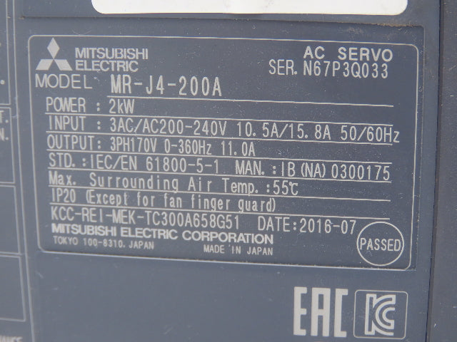 Mitsubishi MR-J4-200A MR-J4-200A AC Servo Drive 2kW 200-240V 3Ph MELSERVO J4