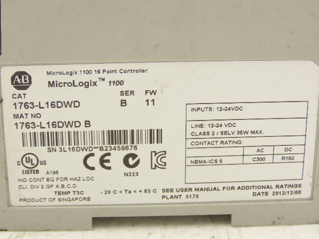 Allen Bradley 1763-L16DWD PLC MicroLogix 1100 16 Point Controller Ser B FW 11