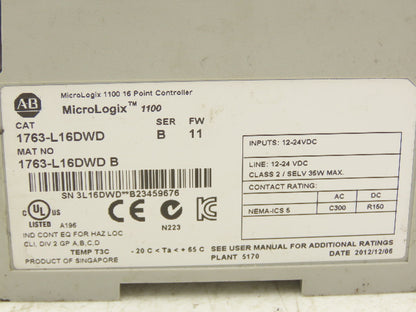 Allen Bradley 1763-L16DWD PLC MicroLogix 1100 16 Point Controller Ser B FW 11
