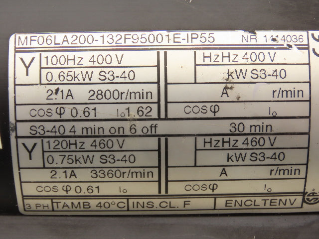 Konecrane MF06LA200-132F95001E-IP55 Walking/Travel  Motor 120 Hz 460V Helical Dr