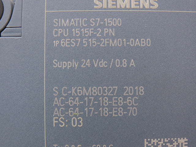 Siemens 6ES7 515-2FM01-0AB0 SIMATIC S7-1500 CPU 1515F-2 PN Processor 75KB/3MB