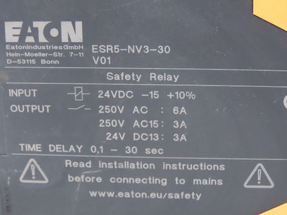 Eaton ESR5-NV3-30V01 Safety Coupling Relay 24VDC/250VAC 1-30 Second