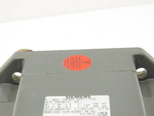 Siemens 1FK7063-5AF71-1FH3 AC Servo Motor 263V 11Nm 7200rpm 3Ph Brake RJ45 Port