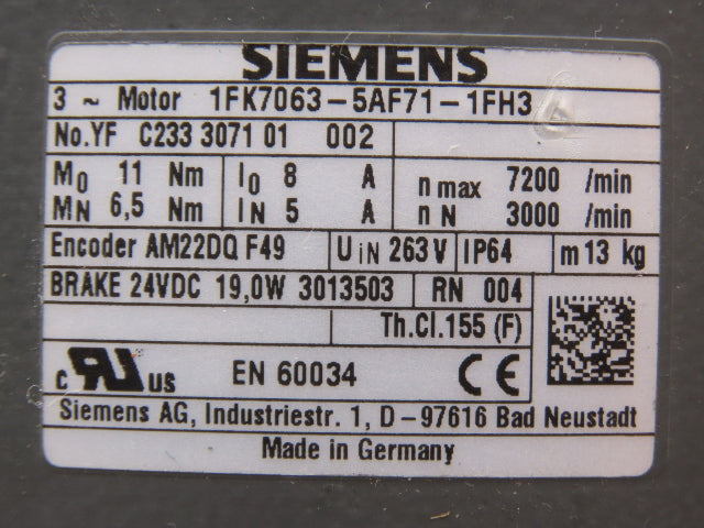 Siemens 1FK7063-5AF71-1FH3 AC Servo Motor 263V 11Nm 7200rpm 3Ph Brake RJ45 Port