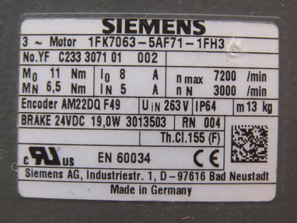 Siemens 1FK7063-5AF71-1FH3 AC Servo Motor 263V 11Nm 7200rpm 3Ph Brake RJ45 Port