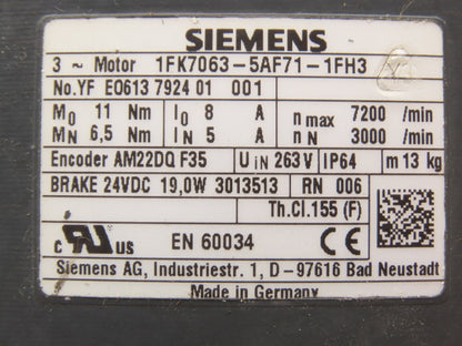 Siemens 1FK7063-5AF71-1FH3 AC Servo Motor 263V 11Nm 7200rpm 3Ph Brake RJ45 Port