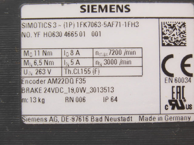 Siemens 1FK7063-5AF71-1FH3 AC Servo Motor 263V 11Nm 7200rpm 3Ph Brake RJ45 Port
