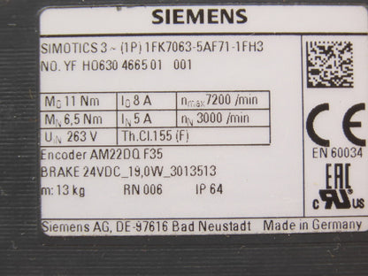 Siemens 1FK7063-5AF71-1FH3 AC Servo Motor 263V 11Nm 7200rpm 3Ph Brake RJ45 Port