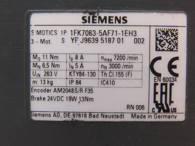 Siemens 1FK7063-5AF71-1EH3 AC Servo Motor 263V 11Nm 7200rpm 3Ph Brake Encoder
