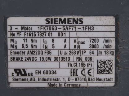 Siemens 1FK7063-5AF71-1FH3 AC Servo Motor 263V 11Nm 7200rpm 3Ph Brake Encoder