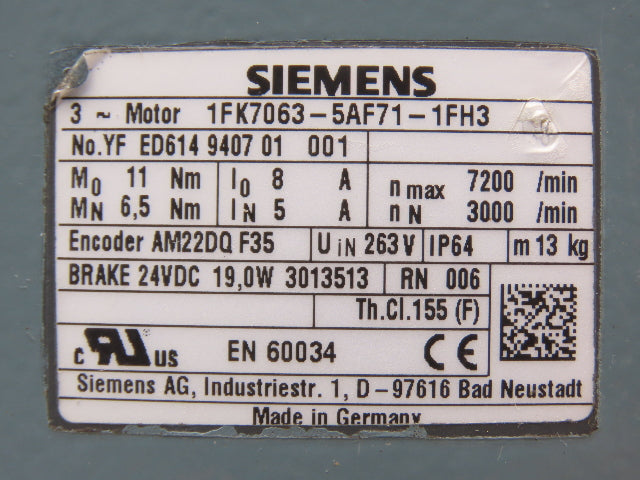 Siemens 1FK7063-5AF71-1FH3 AC Servo Motor 263V 11Nm 7200rpm 3Ph Brake RJ45 Port