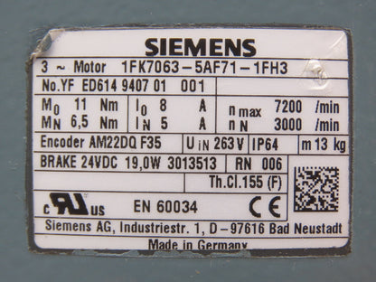 Siemens 1FK7063-5AF71-1FH3 AC Servo Motor 263V 11Nm 7200rpm 3Ph Brake RJ45 Port