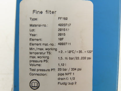 Boge FF160 Fine Filter 1" NPT 1.12 Liter 334PSI