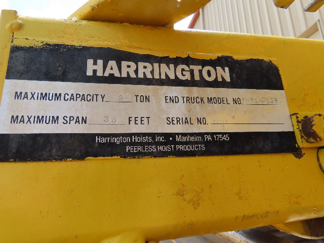 Harrington 2 Ton Top Running Bridge Crane 26' Span 2 Speed Hoist 12' Lift