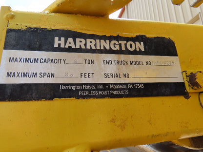 Harrington 2 Ton Top Running Bridge Crane 26' Span 2 Speed Hoist 12' Lift