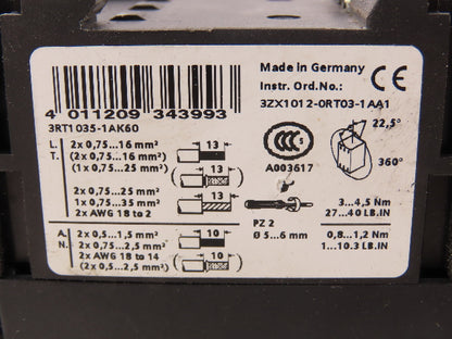 Siemens 3RT1035-1AK60 Motor Starter Contactor 40 A 18.5 kW 110/120V Lot of 4