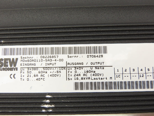 Sew Eurodrive MDX61B0110-5A3-4-00 Movidrive Servo Drive Inverter 15HP 500VAC 3PH