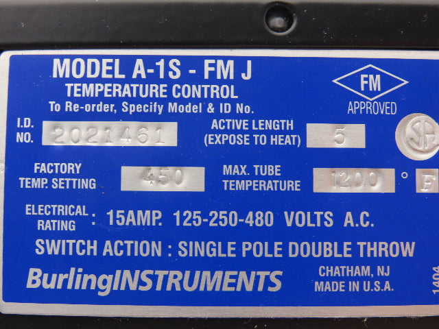 Burling Instruments A-1S-FMJ Temperature Control Switch 6" Probe 450 Deg F