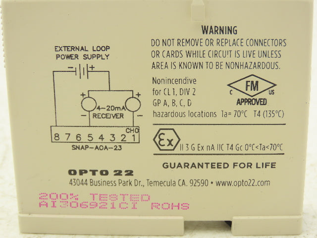 OPTO 22 SNAP-AOA-23 2 Channel Current Loop Analog Input Module 4-20mA SNAP I/O