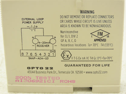 OPTO 22 SNAP-AOA-23 2 Channel Current Loop Analog Input Module 4-20mA SNAP I/O