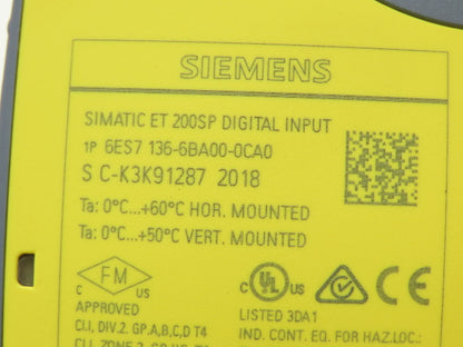 Siemens 6ES7 136-6BA00-0CA0 SIMATIC ET200SP F-DI 8x HF Digital Input w/ Base