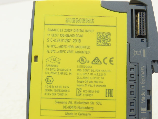 Siemens 6ES7 136-6BA00-0CA0 SIMATIC ET200SP F-DI 8x HF Digital Input w/ Base