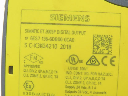Siemens 6ES7 136-6DB00-0CA0 SIMATIC ET200SP Digital Output F-DQ 4X24 V DC/2A