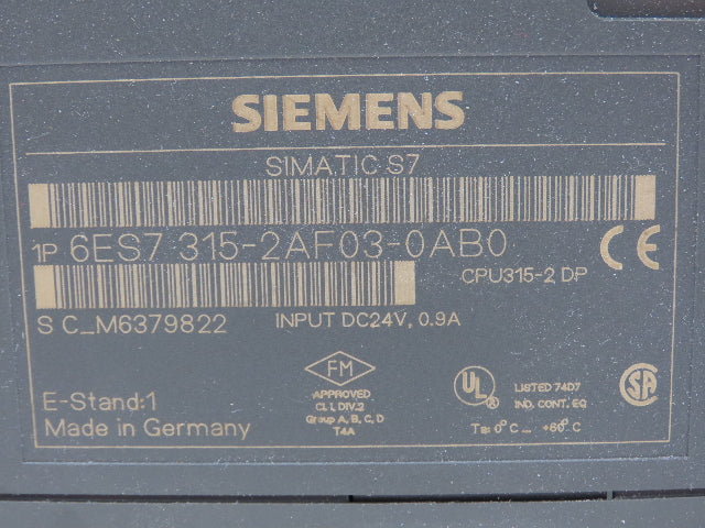 Siemens 6ES7 315-2AF03-0AB0 Simatic S7 PLC CPU Module 24VDC CPU315-2 DP