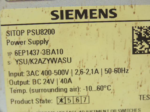 Siemens SITOP PSU8200 Power Supply DC 24V 40A 3PH 400-500V Input 6EP1437-3BA10