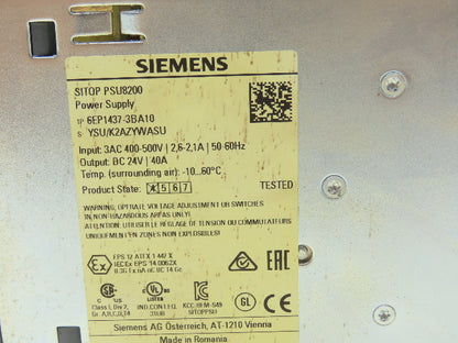 Siemens SITOP PSU8200 Power Supply DC 24V 40A 3PH 400-500V Input 6EP1437-3BA10