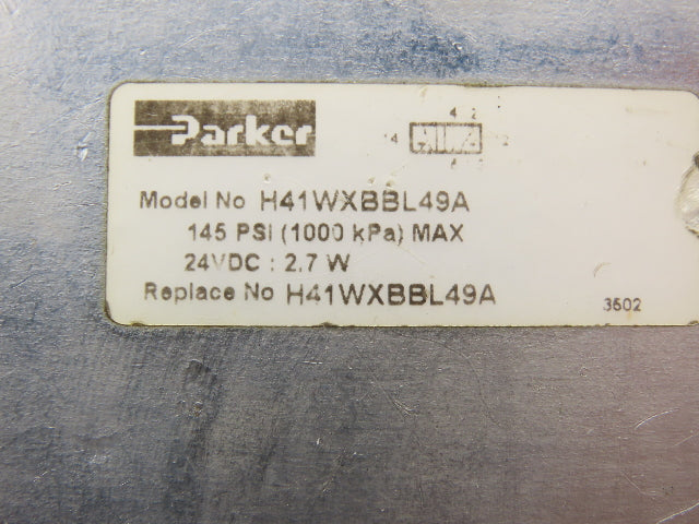 Parker H41WXBBL49A Pneumatic Solenoid Valve 5 Pos 2 Way 145psi Size 4 24VDC