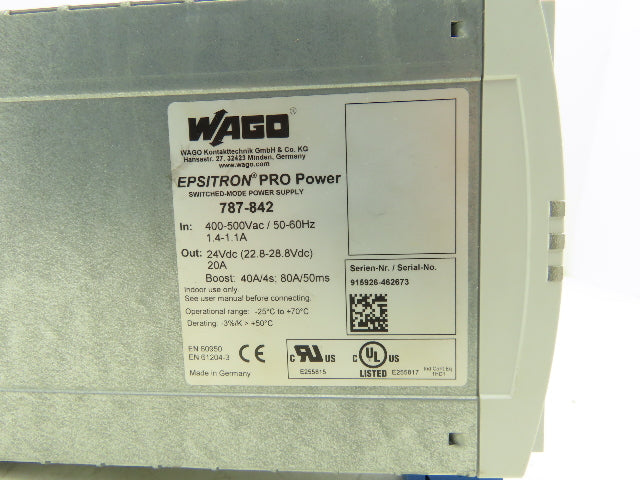 Wago 787-842 EPISTRON PRO 20A Switched Mode Power Supply 400-500VAC In 24VDC Out