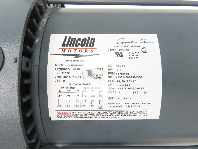 Lincoln Motors SSF6B5TC61 AC Motor 5Hp 1170 RPM 230/460V 3PH 215TC TEFC