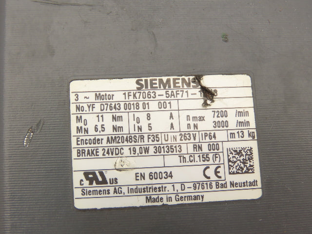 Siemens 1FK7063-5AF71-1FH8 AC Servo Motor 263V 11Nm 7200rpm 3Ph Brake RJ45 Port