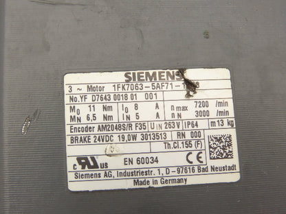 Siemens 1FK7063-5AF71-1FH8 AC Servo Motor 263V 11Nm 7200rpm 3Ph Brake RJ45 Port