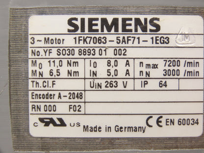 Siemens 1FK7063-5AF71-1EG3 AC Servo Motor 263V 11Nm 7200rpm 3Ph Brake Encoder