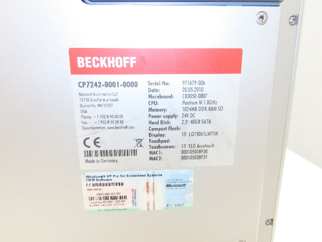 Beckhoff CP7242-0001-0000 Touch Panel PC Pentium 1.8GHz 1024MB DDR 40GB HDD 24V