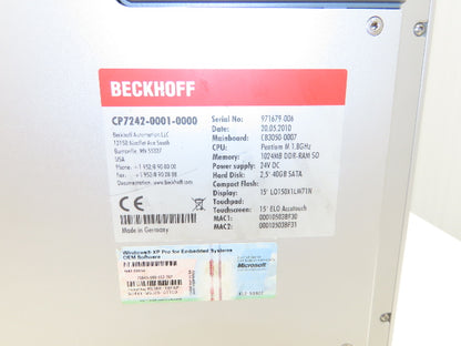 Beckhoff CP7242-0001-0000 Touch Panel PC Pentium 1.8GHz 1024MB DDR 40GB HDD 24V