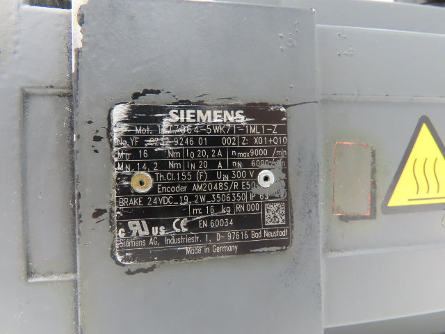 Siemens 1FT7064-5WK71-1ML1-Z Servo Motor 16Nm 6000RPM 8.90kW 300V Water Cooled