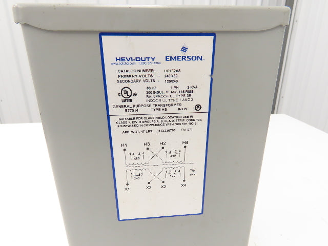 Hevi-Duty Emerson HS1F2AS Transformer 240/480V 120/240V 1PH 2 KVA 60Hz Type HS