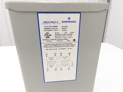 Hevi-Duty Emerson HS1F2AS Transformer 240/480V 120/240V 1PH 2 KVA 60Hz Type HS