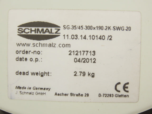 Schmalz 11.03.14.10140/2 Bag & Sack Vacuum Gripper 12-1/4" x 8-1/4" Sealing Area