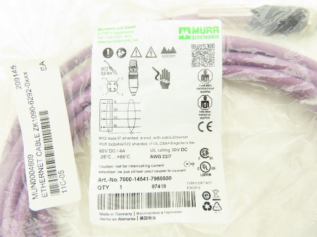 Murr Elektronik 7000-14541-7980500 4-Pin M12 Male 0° w/Cable 5m Length Lot of 2